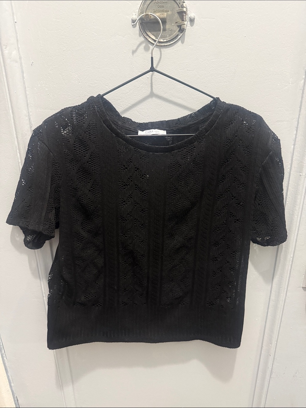 Zara Black Short-Sleeve Openwork Knit Tee